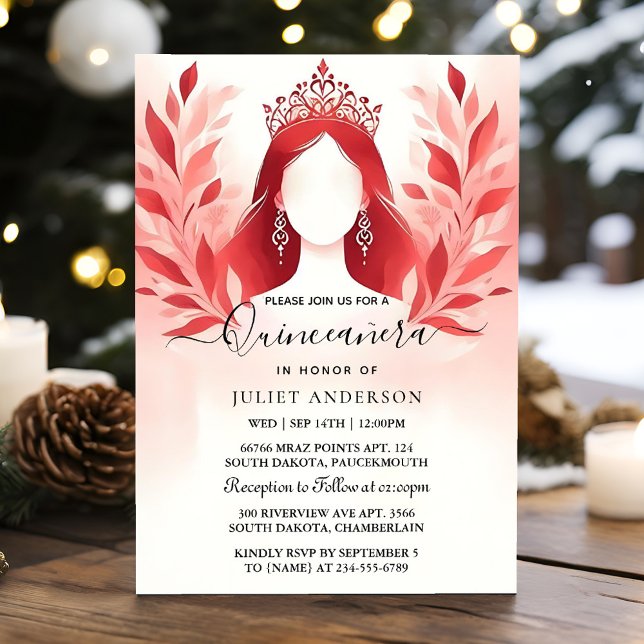 At Hot Pink Crown Tiara Black Lace Red Quinceanera Invitation (Creator Uploaded)