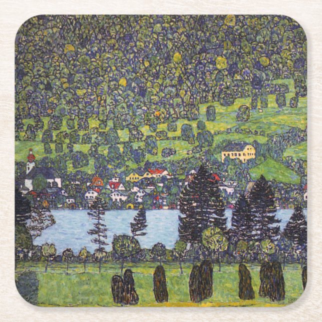 At Lake Atter, Gustav Klimt Square Paper Coaster (Front)