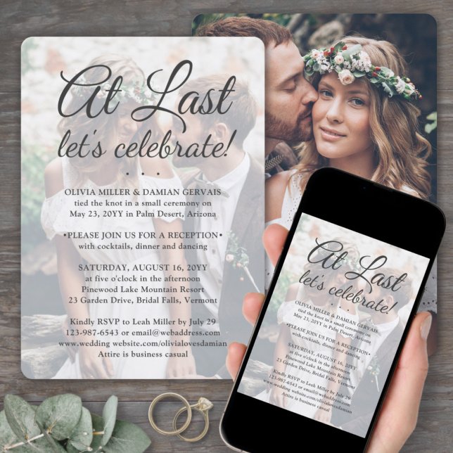 At Last 2 Photo Simple Overlay Wedding Celebration Invitation (Creator Uploaded)