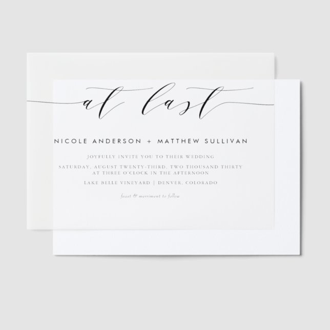 At Last Black Minimalist Script Wedding Vellum Invitations (Offset)