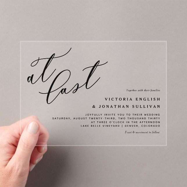 At Last Black Modern Calligraphy Wedding Acrylic Invitations (Insitu (Handheld))