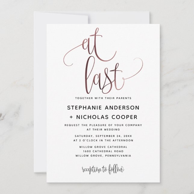 At Last Black Rose Gold Script Typography Wedding Invitation (Front)