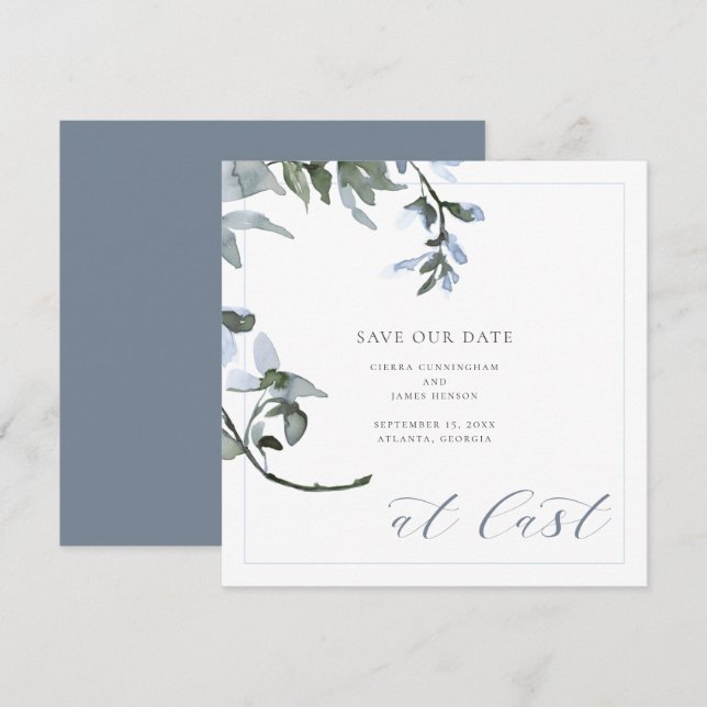 At Last Blue Floral Calligraphy Save the Date Card (Front/Back)