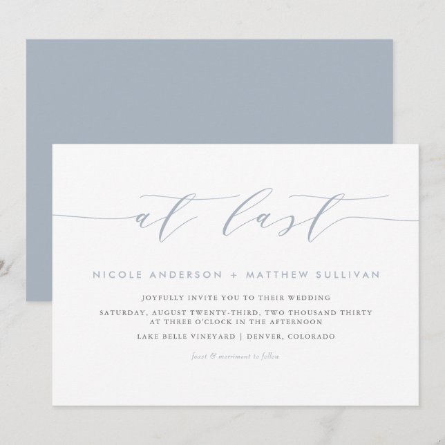At Last Dusty Blue Minimalist Script Wedding Invitation (Front/Back)
