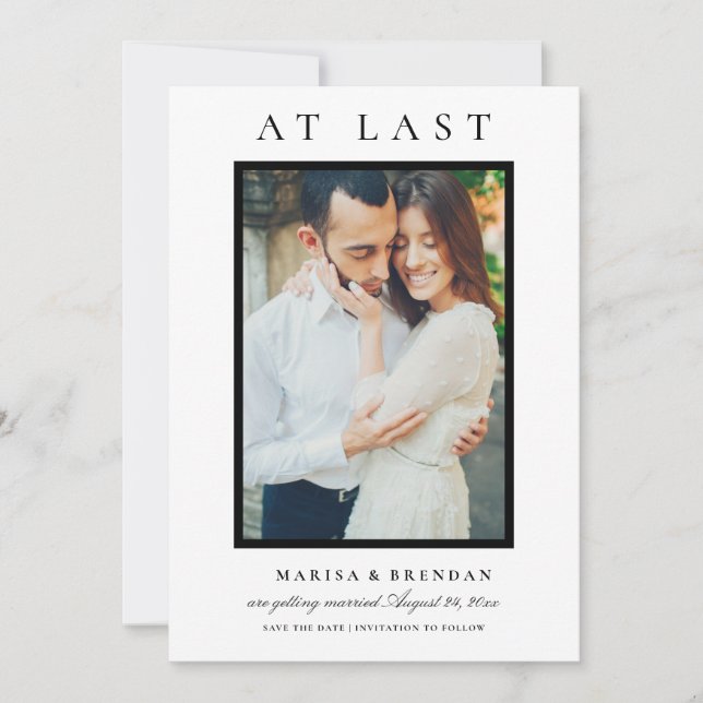 At Last Elegant Black and White Photo Save The Date (Front)