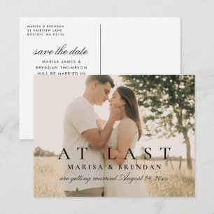 At Last Elegant Black White Photo Save the Date Announcement Postcard