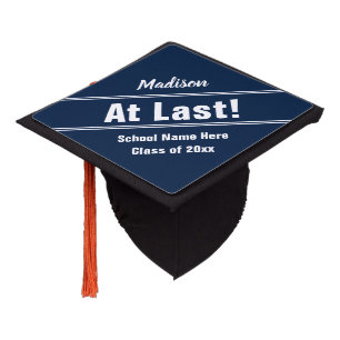 At  Last! Funny Dark Blue and White Class of 2023  Graduation Cap Topper