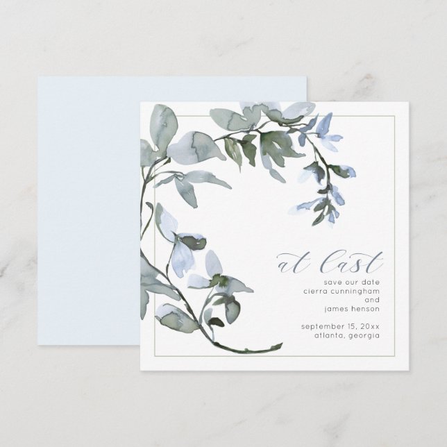 At Last Greenery Powder Blue Floral Save The Date (Front/Back)