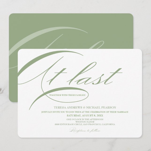 At last Modern Calligraphy Wedding Green Invitation (Front/Back)