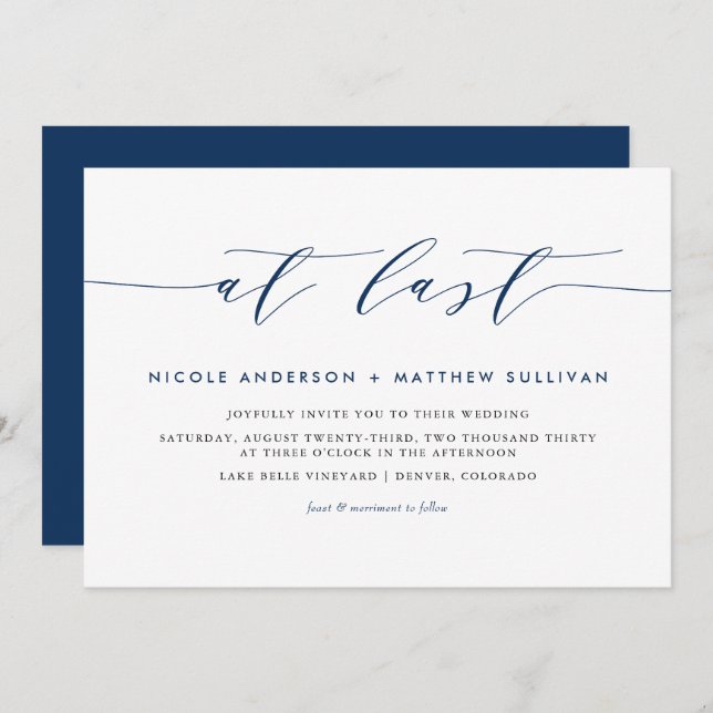 At Last Navy Blue Minimalist Script Wedding Invitation (Front/Back)