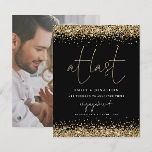 At Last Photo Gold Glitter Engagement Announcement
