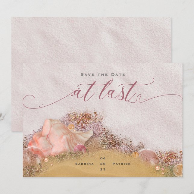 At Last Pink Sandy Beach with Glitzy Seashells Invitation (Front/Back)
