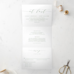 At Last Sage Green Minimalist Script Wedding Tri-Fold Invitation