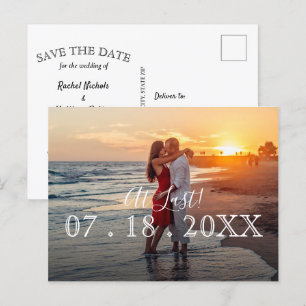At Last Simple Modern Photo Wedding Save the Date Announcement Postcard
