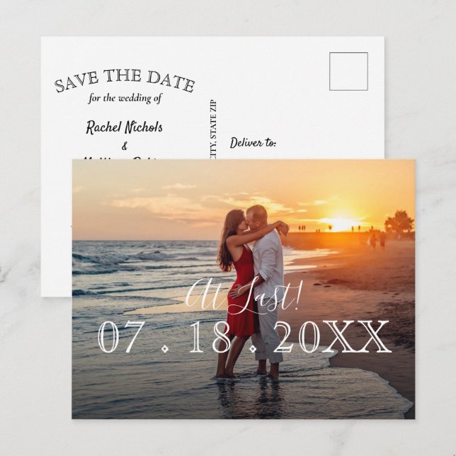 At Last Simple Modern Photo Wedding Save the Date Announcement Postcard (Front/Back)