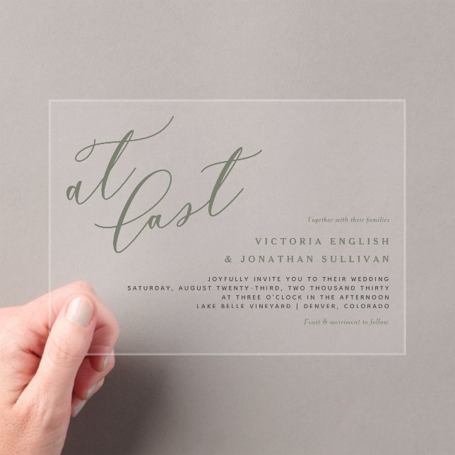 At Last Taupe Green Modern Calligraphy Wedding Acrylic Invitations (Insitu (Handheld))
