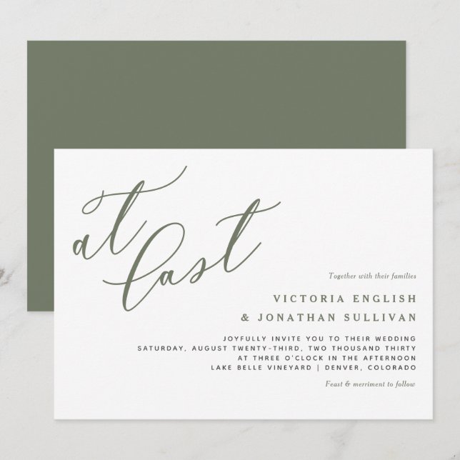 At Last Taupe Green Modern Calligraphy Wedding Invitation (Front/Back)