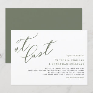 At Last Taupe Green Modern Calligraphy Wedding Invitation
