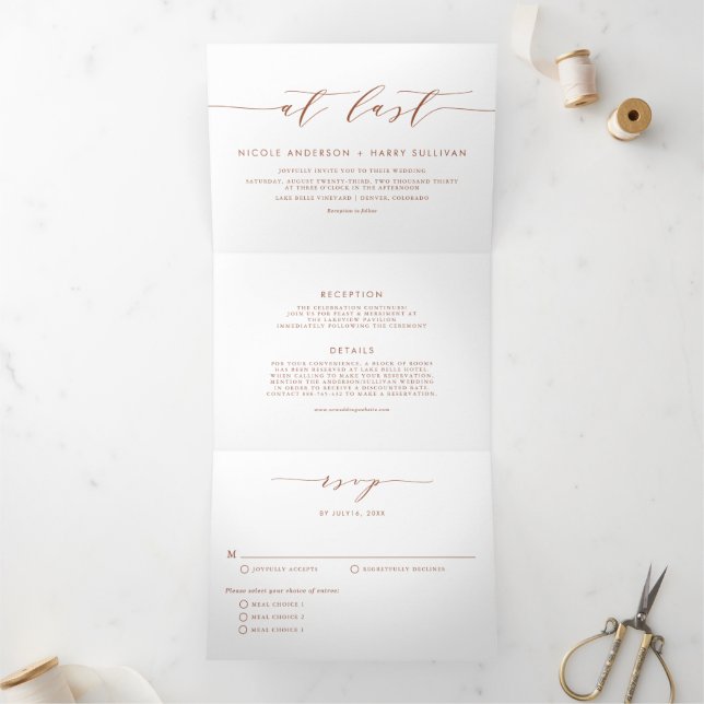 At Last Terracotta Minimalist Script Wedding Tri-Fold Invitation (Inside)