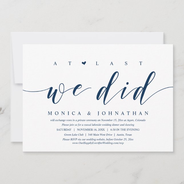 At Last, We Did, Wedding Elopement Dinner Party In Invitation (Front)
