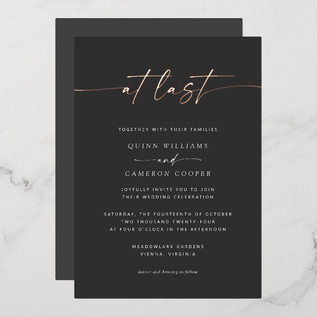 At Last Wedding Foil Invitation on Black (Front/Back)