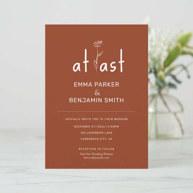 At Last Wildflower Rust Modern Minimalist Wedding Invitation (Standing Front)