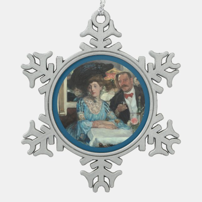 At Mouquins Restaurant NY - William Glackens Snowflake Pewter Christmas Ornament (Front)