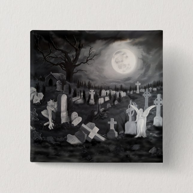 At night on the cemetery - Angel with Devil 2 Inch Square Button (Front)