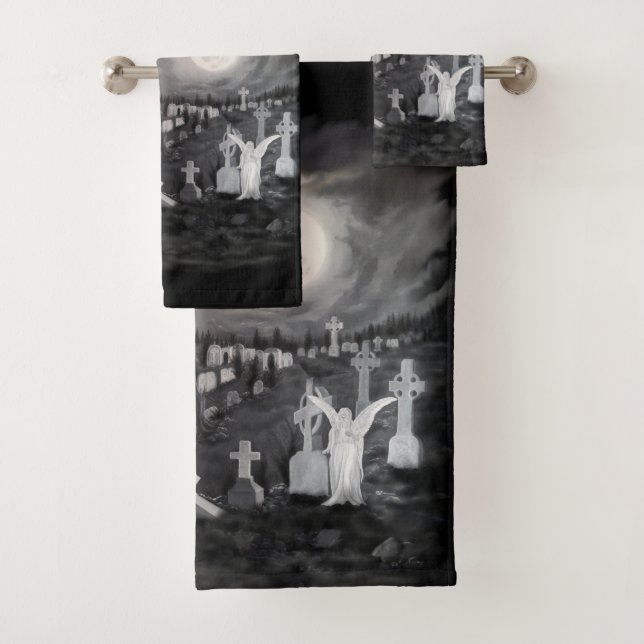 At night on the cemetery - Angel with Devil Bath Towel Set (Insitu)