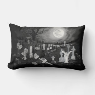At night on the cemetery - Angel with Devil Lumbar Pillow