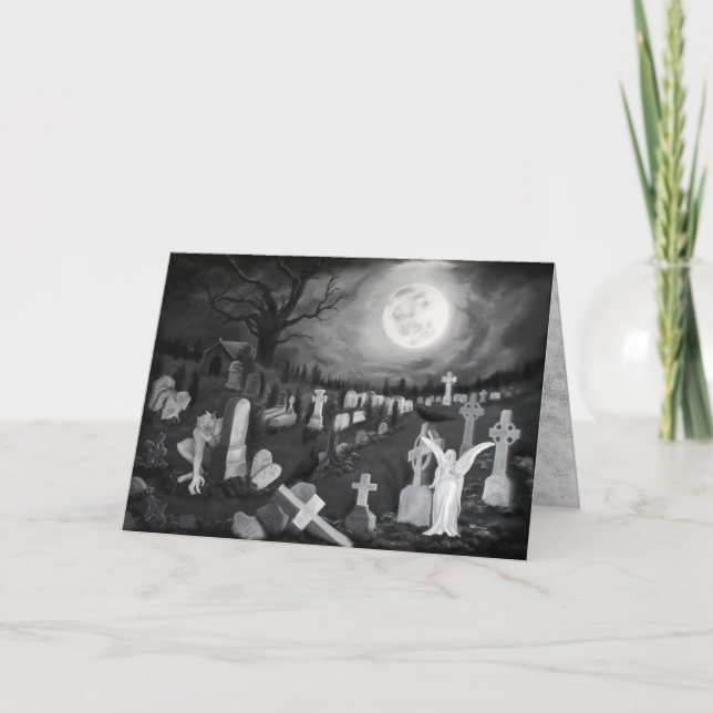 At night on the cemetery - Angel with Devil Note Card (Front)