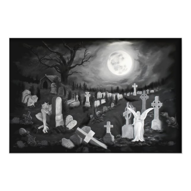 At night on the cemetery - Angel with Devil Photo Print (Front)