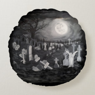 At night on the cemetery - Angel with Devil Round Pillow