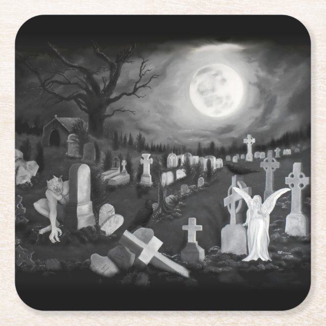 At night on the cemetery - Angel with Devil Square Paper Coaster (Front)