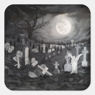 At night on the cemetery - Angel with Devil Square Sticker