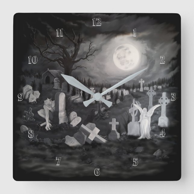 At night on the cemetery - Angel with Devil Square Wall Clock (Front)