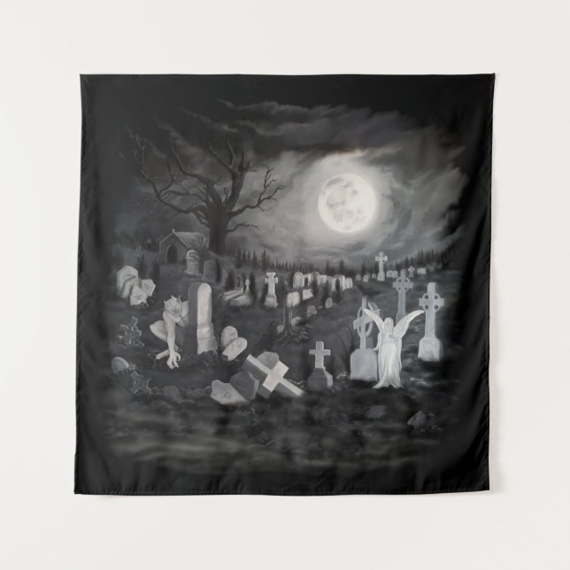 At night on the cemetery - Angel with Devil Tapestry (Front)