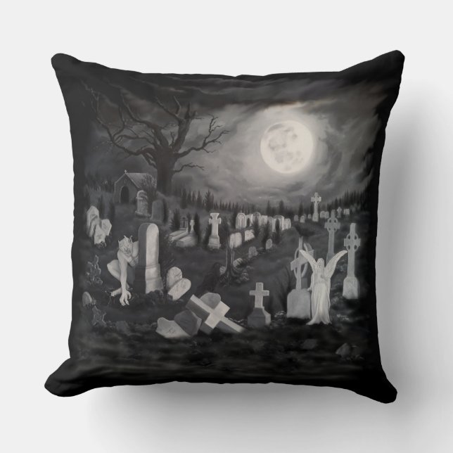 At night on the cemetery - Angel with Devil Throw Pillow (Front)