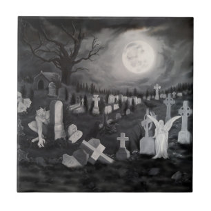 At night on the cemetery - Angel with Devil Tile