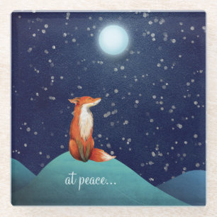 at peace ~ Charming Fox Sitting Under a Full Moon Glass Coaster
