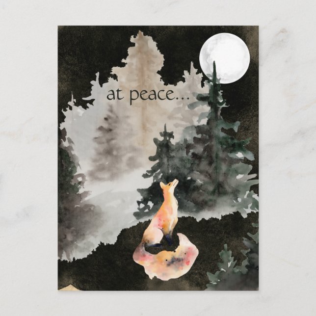 at peace ~ Fox and Full Moon Woodland Postcard (Front)