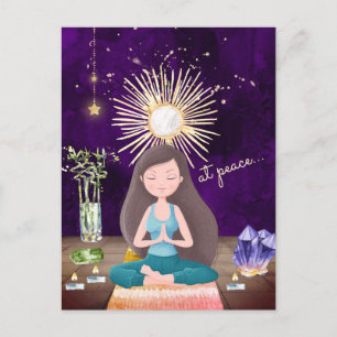 At Peace Meditating Yoga Girl and Crystals Postcard