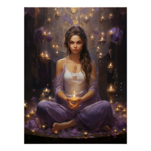 At Peace Meditating Yoga Girl, Crystals Amethyst Poster