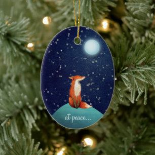 at peace, Personalized Fox and Full Moon Christmas Ceramic Ornament