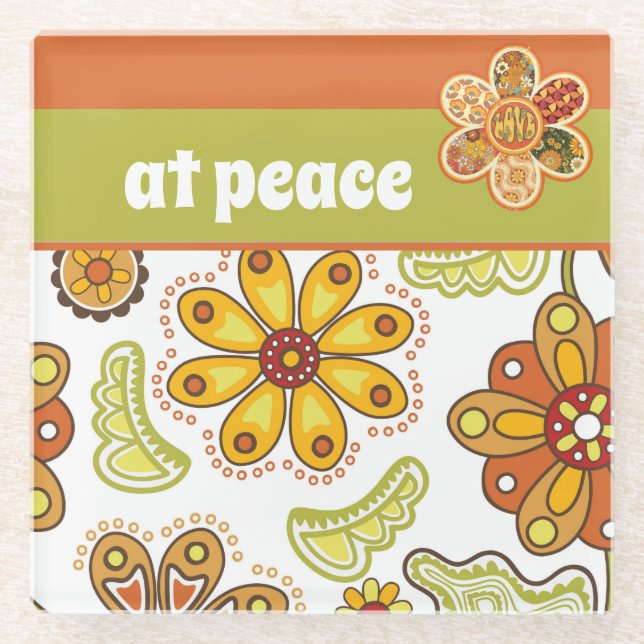 at peace - Retro Flower Hippie Orange Green Glass Coaster (Front)