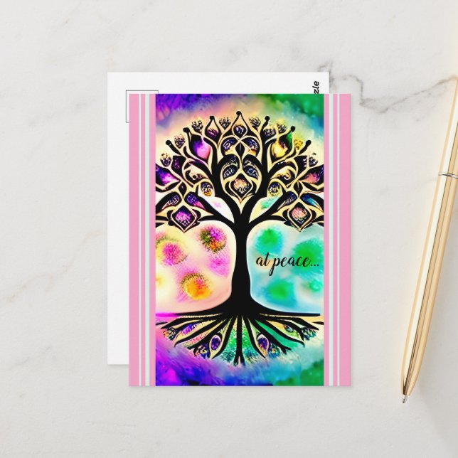 At Peace Whimsical Tree of Life Inspirational Postcard (Front/Back In Situ)