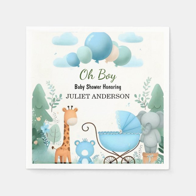 At Soft Boho Bear Blue Cub Welcome Baby Boy Shower Napkin (Front)
