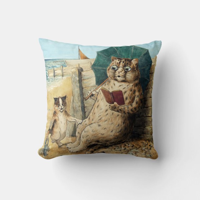 At The Beach, Louis Wain Throw Pillow (Front)