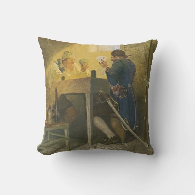 At the Cards in Cluny’s Cage by NC Wyeth Throw Pillow (Front)
