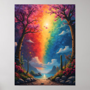 At the end of the path is a rainbow world poster